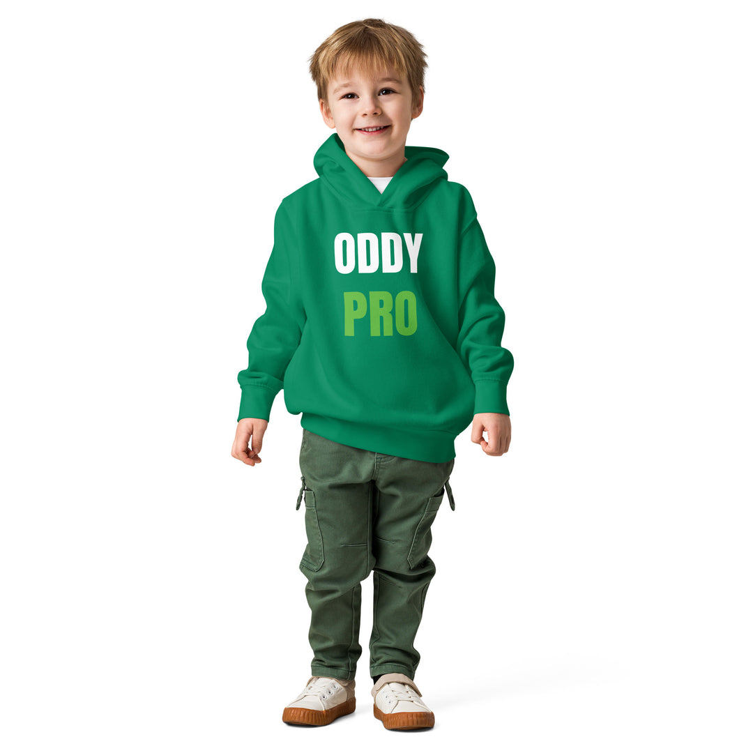 Oddy Pro Toddler fleece pullover hoodie worn by a smiling child, featuring a vibrant green color and relaxed fit.