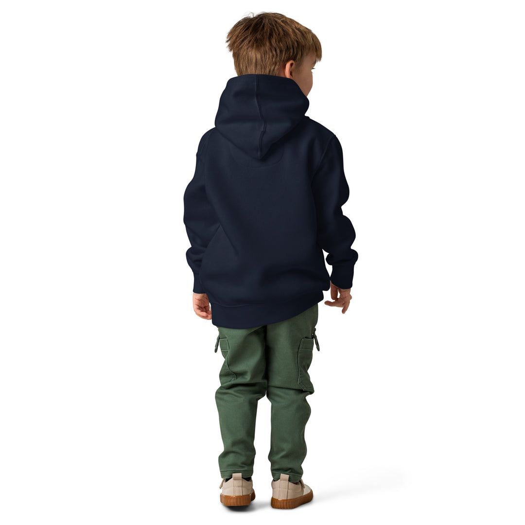 Oddy Pro Toddler fleece pullover hoodie shown on a child from the back, featuring a navy color and relaxed fit.