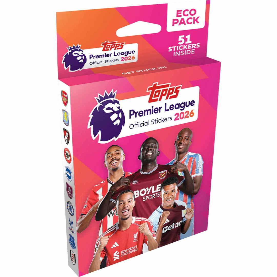 Premier League 2026 Stickers Eco Pack featuring Topps packaging and player images.