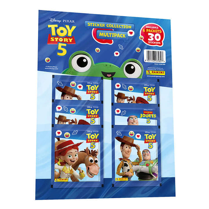 Toy Story 5 Sticker Collection multipack featuring 6 packets and 30 stickers, including Woody and Buzz.