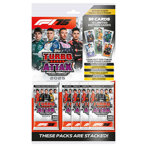 Turbo Attax F1 2025 Mega Multipack featuring racing cards from top drivers and limited edition cards.