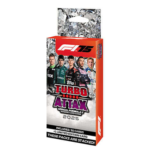 Turbo Attax F1 2025 trading card pack featuring 30 cards and a limited edition card, celebrating 75 years of Formula 1.