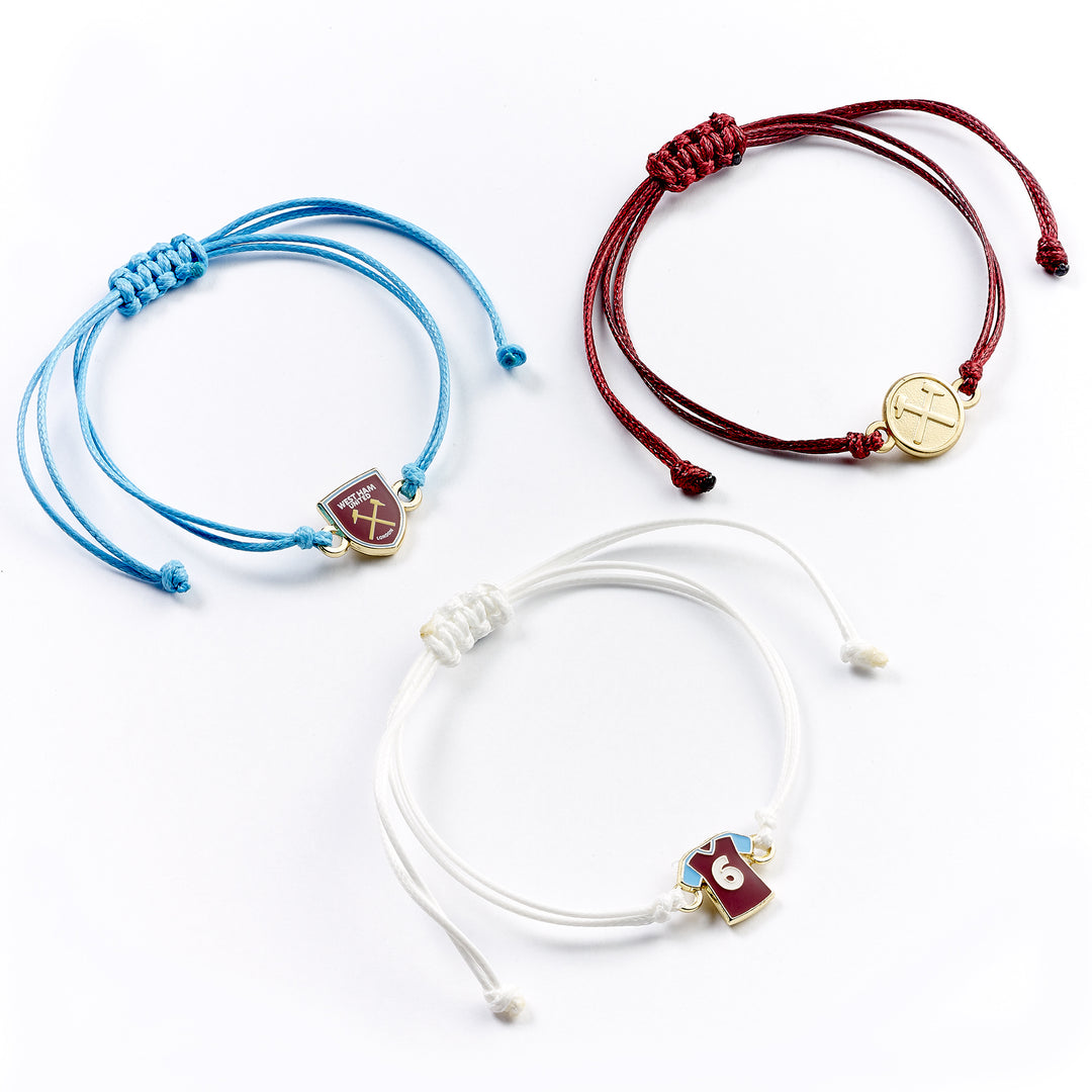West Ham friendship bracelet set featuring three adjustable cord bracelets with team emblems.