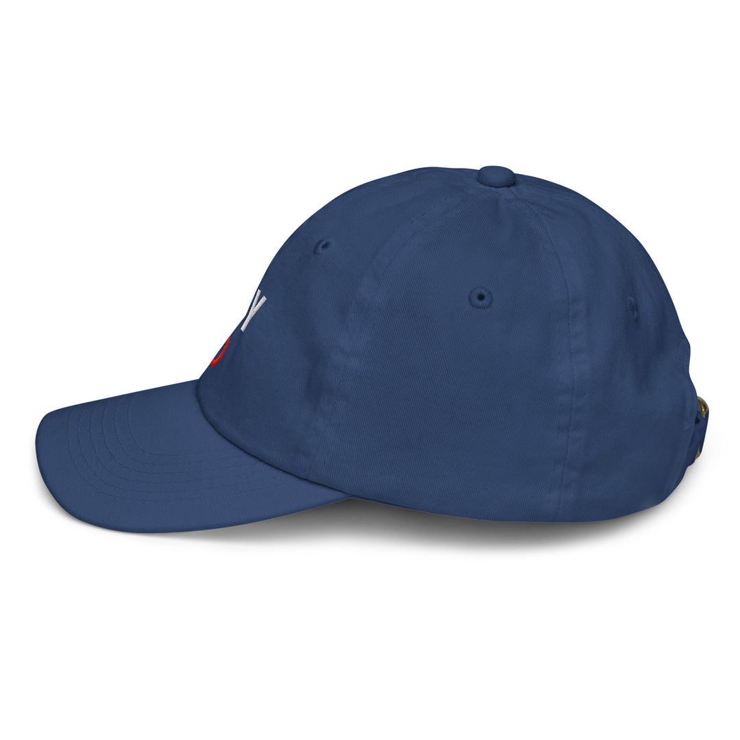 Oddy Pro Youth baseball cap in blue with adjustable strap and six eyelets for breathability.