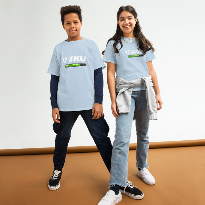 Kids wearing XP Grinder Youth classic tee, showcasing style, comfort, and perfect fit for adventurous activities.
