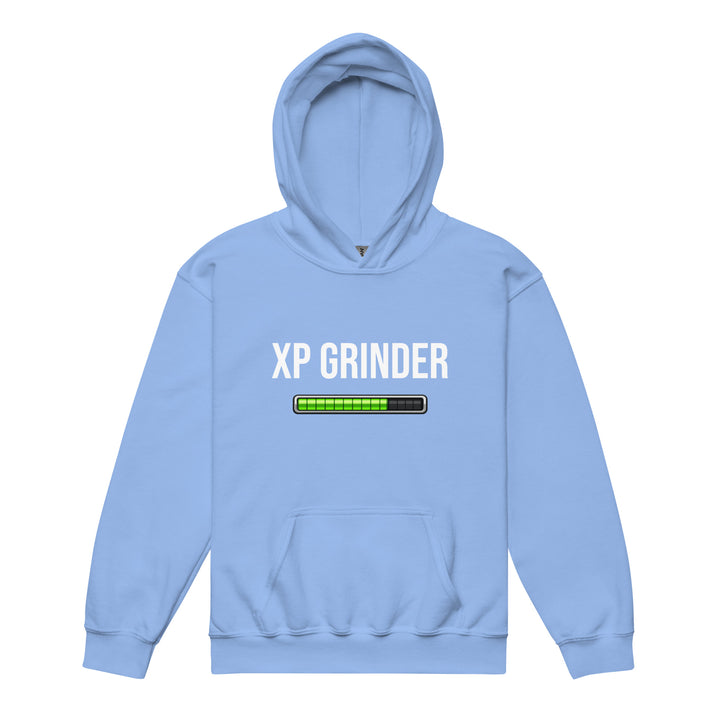 XP Grinder Youth heavy blend hoodie in light blue with graphic design and front pouch pocket.