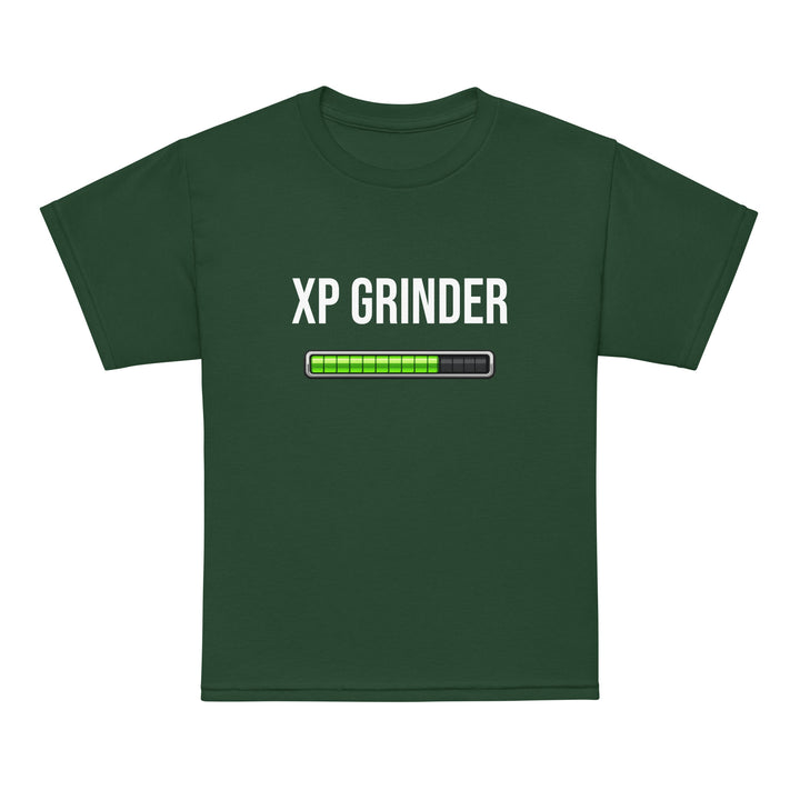 XP Grinder Youth t-shirt in green with loading bar graphic, perfect for active kids.